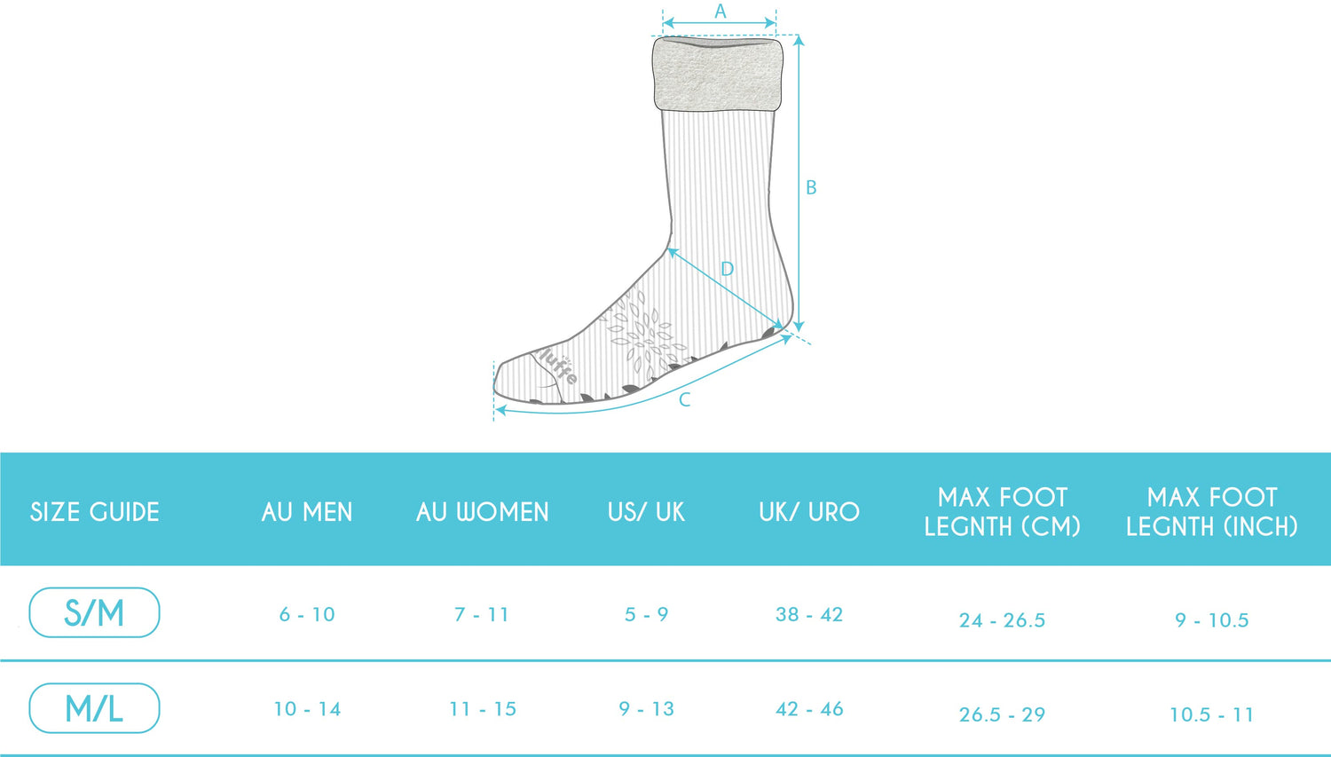 FLUFFE SOCK SIZE CHART ALL SIZES